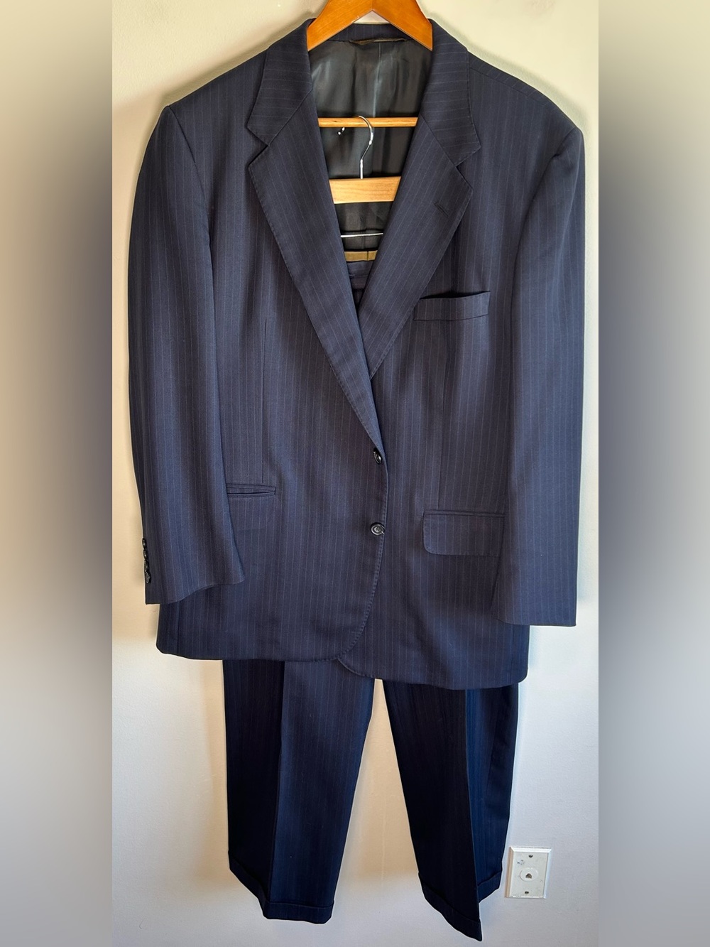 Samuelsohn Suit Navy Blue Pinstripes Mens 46R 38x29 Wool Blazer Pants Formal